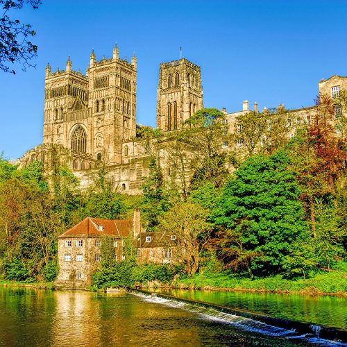 Image of cathedral towers above a river